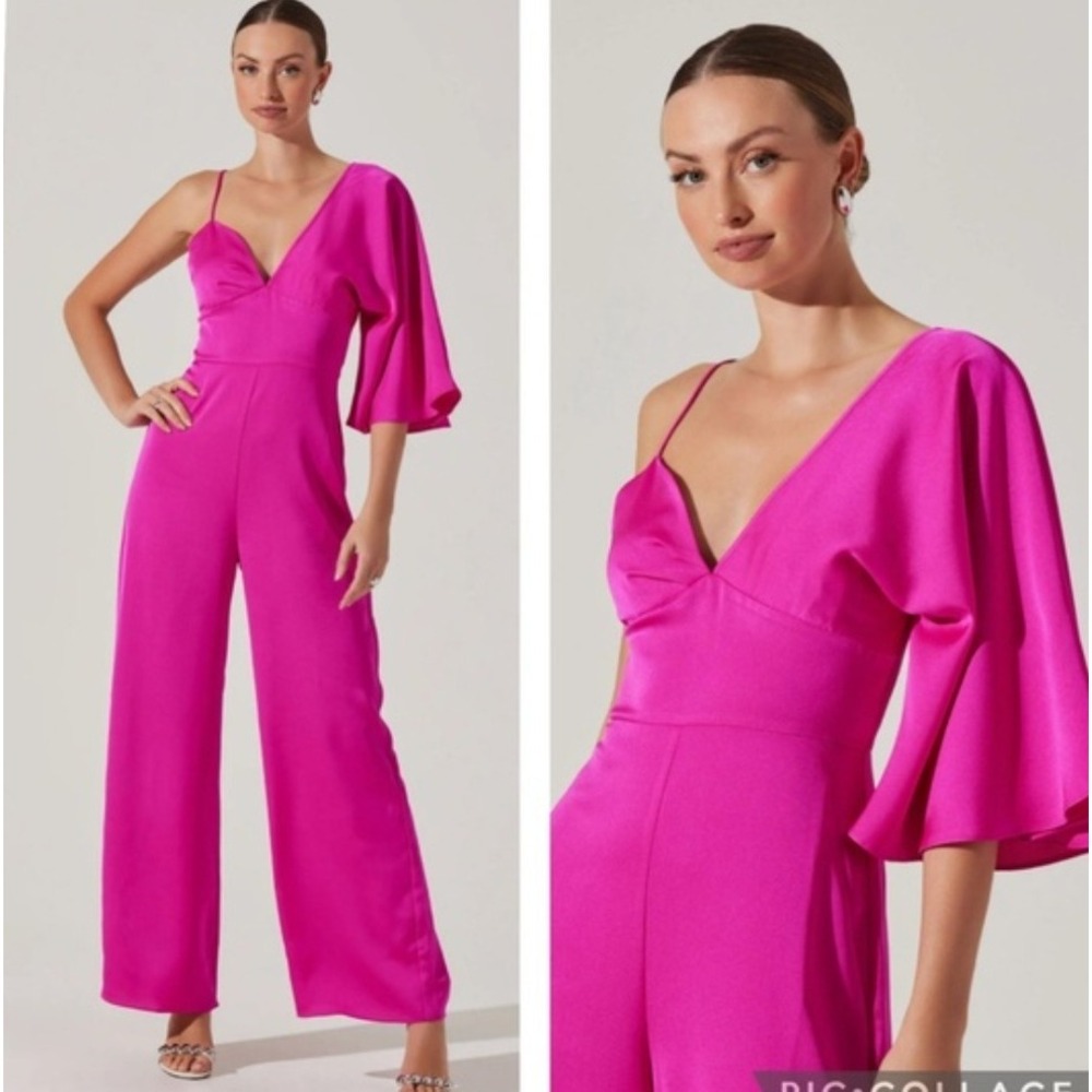 ASTR The Label Fuchsia Satin One Shoulder Jumpsuit Small NWT Wide Leg Barbiecore